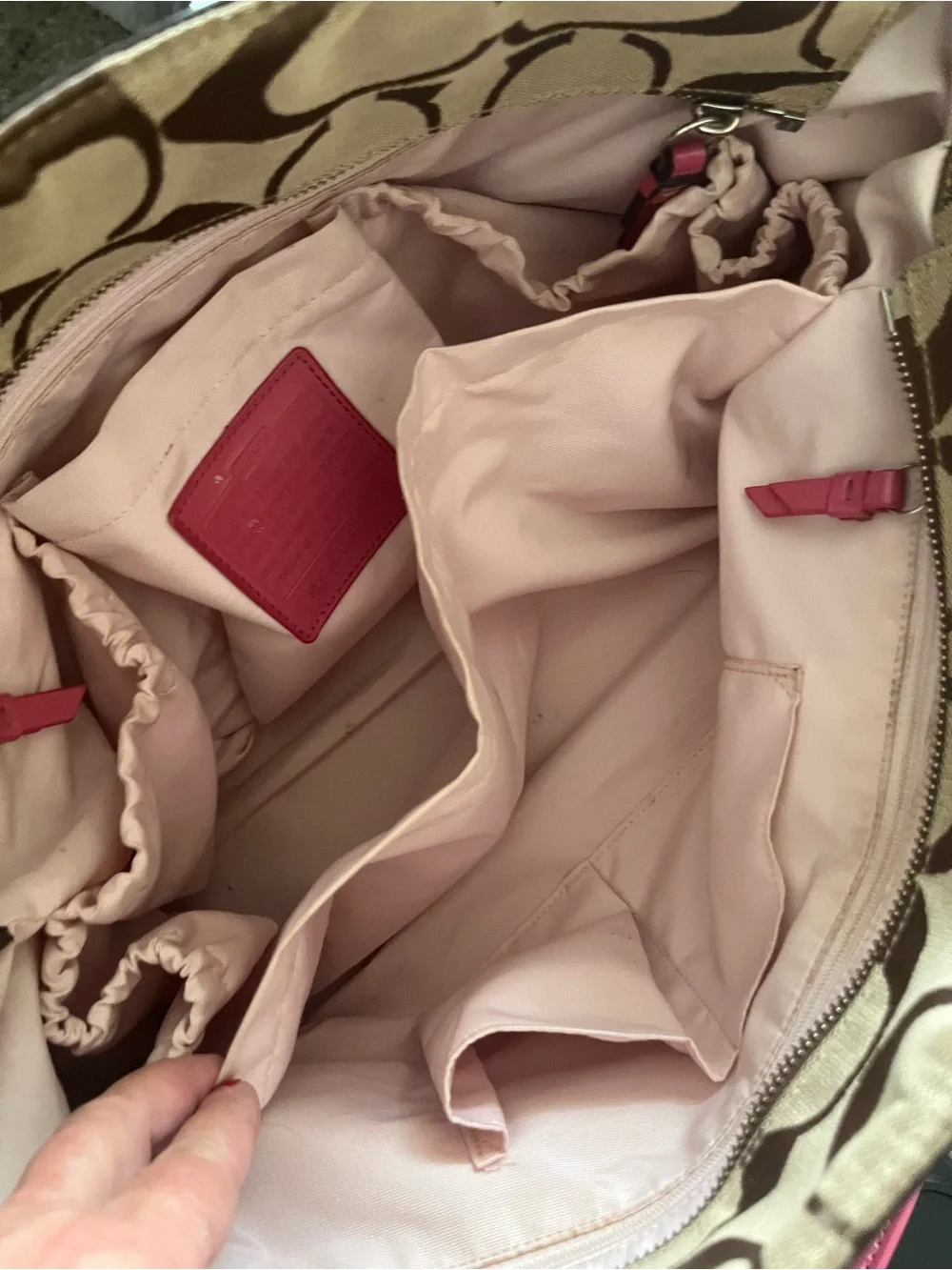 Coach Signature Stripe Baby Bag w/ Hot Pink Patient Leather Trim - EUC